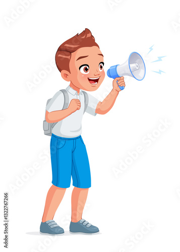Happy little school boy with a horn loudspeaker shouting excitedly making an announcement. Cartoon vector illustration.