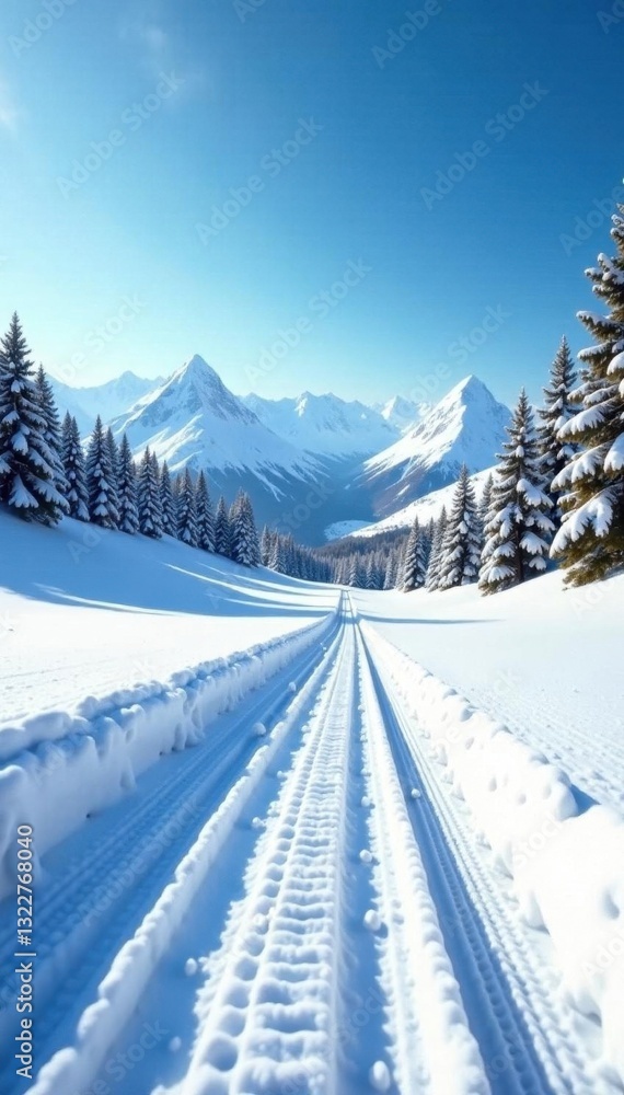 Smooth, packed snow ski track, pristine surface, fresh snow, icy Smooth, packed snow ski track, pristine surface, fresh snow, icy