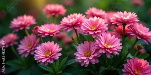 Dense cluster of pink chrysanthemums, lush green foliage , flora, flora