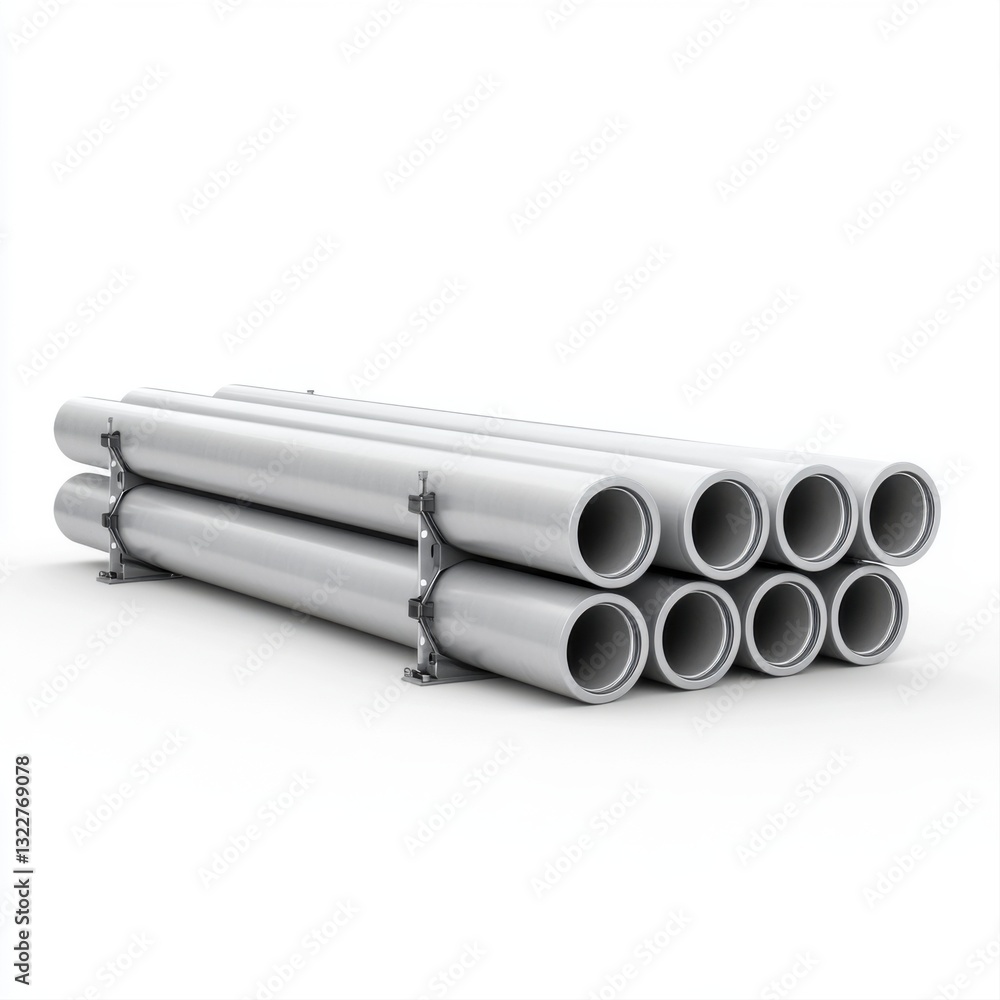 Stacked Gray Plastic Pipes on White Background Suitable for Construction and Industrial Applications Stacked Gray Plastic Pipes on White Background Suitable for Construction and Industrial Applications