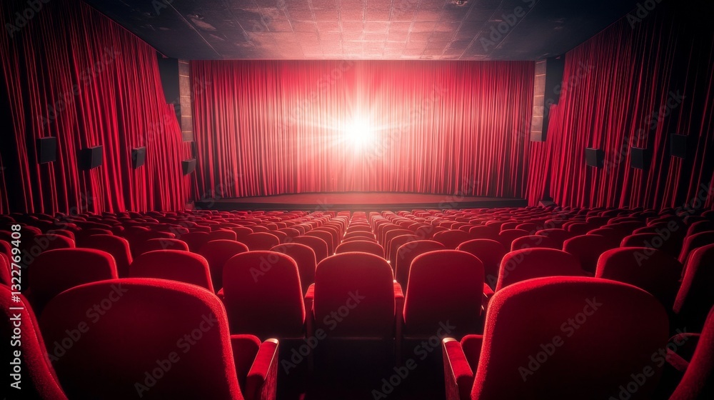 Fototapeta premium Empty cinema hall with red seats and vibrant ambiance. - ai