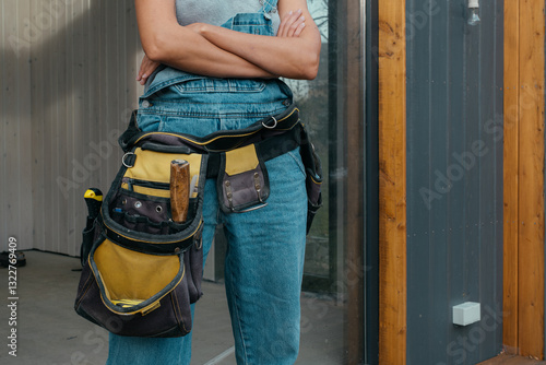 Woman builder prepares for construction repairs in progress
