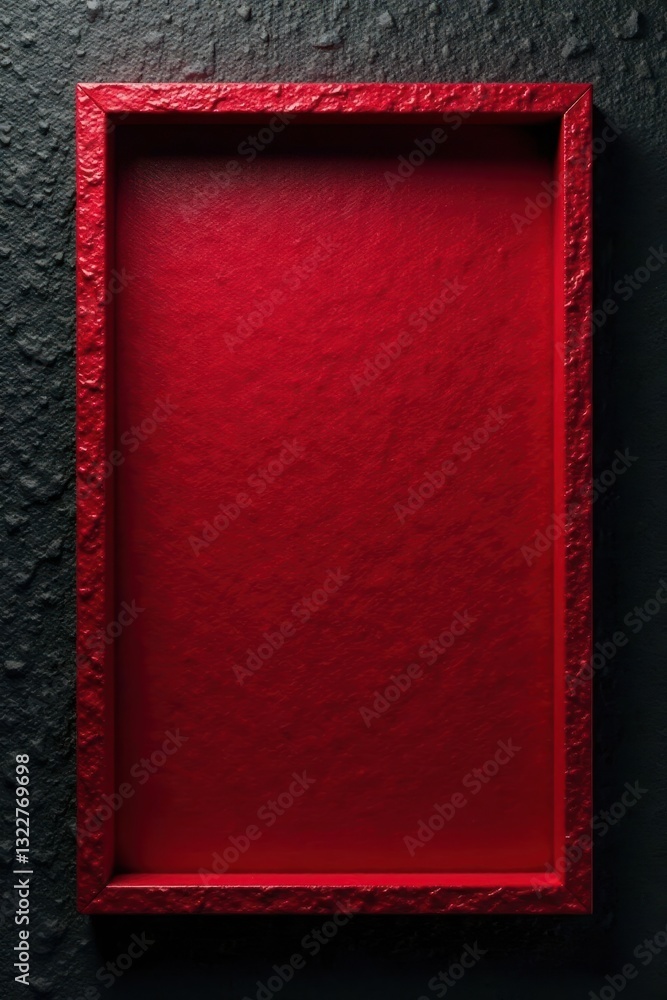 Fototapeta premium Dark, textured black wallpaper, bold ruby red rectangular frame , decor, pattern