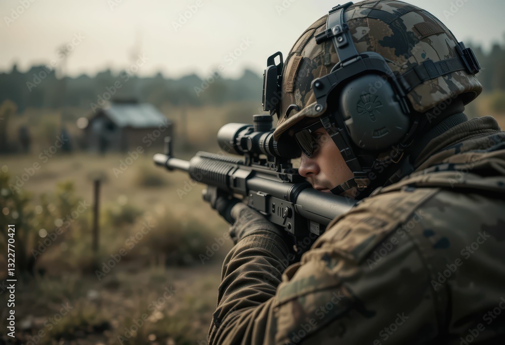 Soldier Aiming Rifle Outdoors in Tactical Gear During Daylight Soldier Aiming Rifle Outdoors in Tactical Gear During Daylight