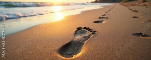 Deeply impressed footprints on wet sand at low tide, high resolution, wet sand, tracks