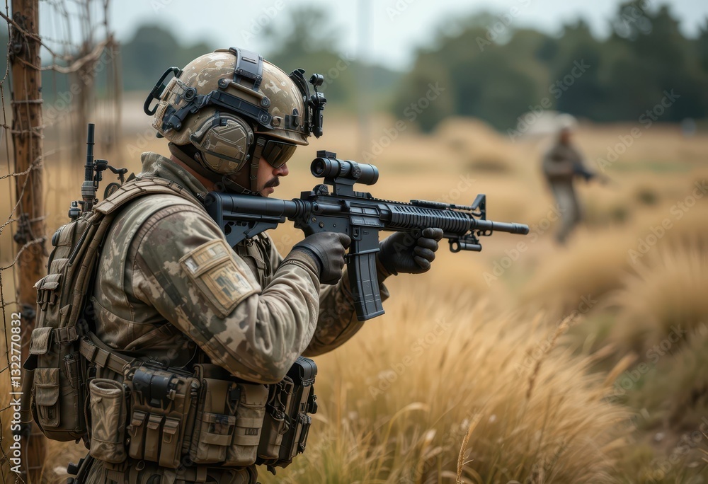 Armed Military Soldier in Tactical Gear during Outdoor Training Exercise Armed Military Soldier in Tactical Gear during Outdoor Training Exercise