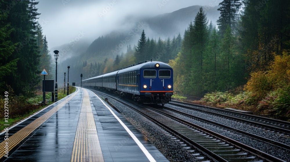 Naklejka premium Scenic train journey through misty mountains and lush forests in a serene autumn landscape