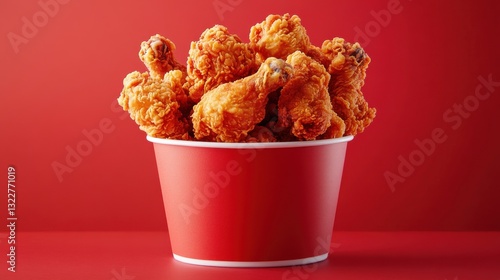 Crispy fried chicken drumsticks in a red bucket against a red background. A perfect comfort food image.