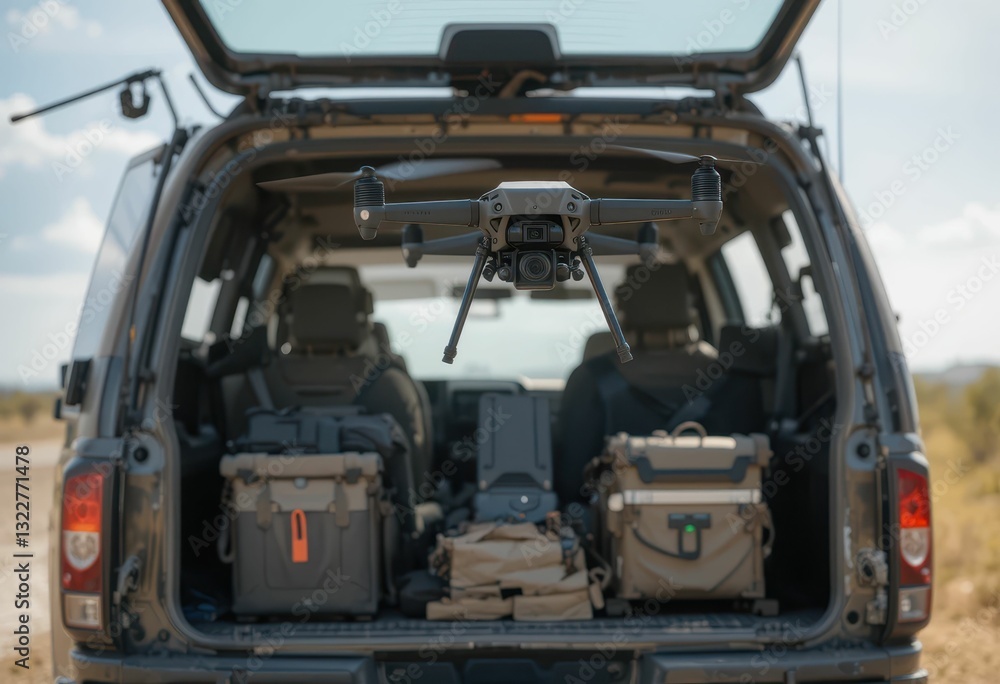 Drone Ready for Adventure with Vehicle and Equipment in Background Drone Ready for Adventure with Vehicle and Equipment in Background