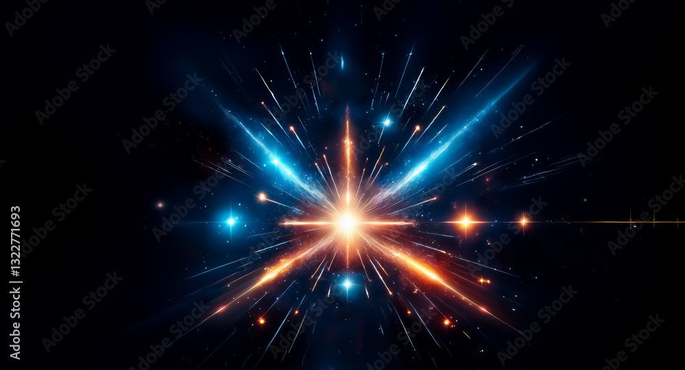 Naklejka premium Vibrant burst of light on a dark background. Blue and orange rays emanate from a central point, creating a dynamic and abstract display of energy.