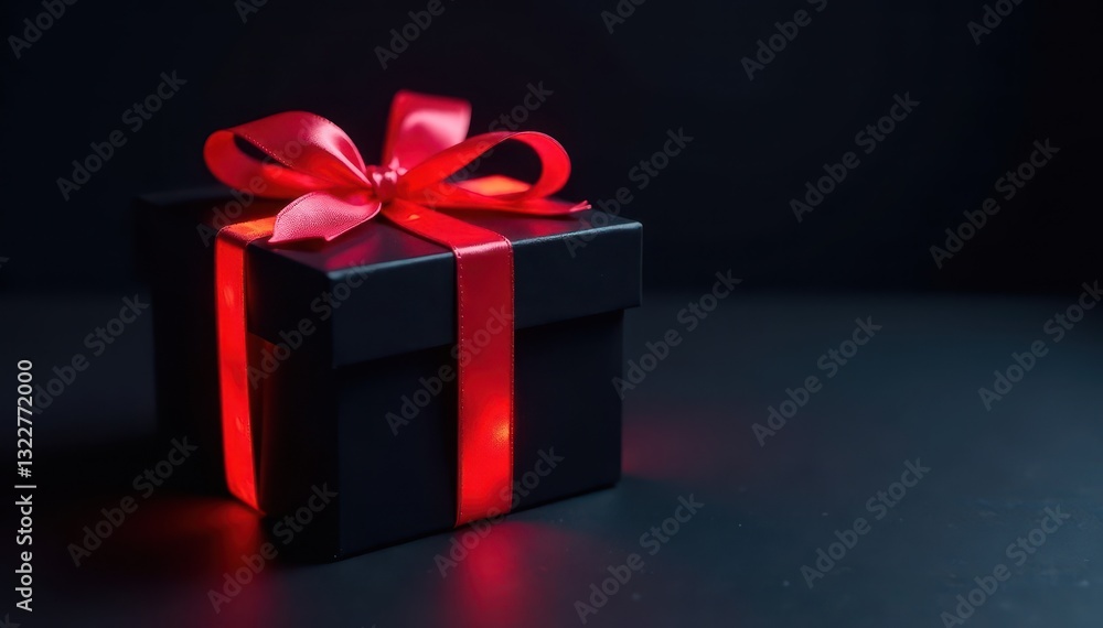 Obraz premium Elegant black gift box with glowing red neon ribbon, dark backdrop , glow, black, bright