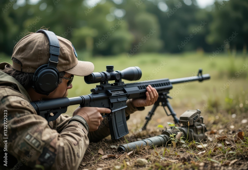 Fototapeta premium Shooter in Tactical Gear Aiming Precision Rifle Outdoors
