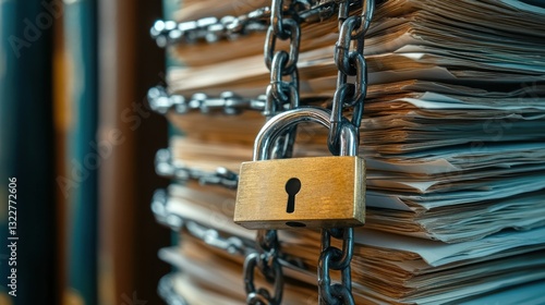 A brass padlock and chain secure a stack of documents, symbolizing confidentiality and data protection.