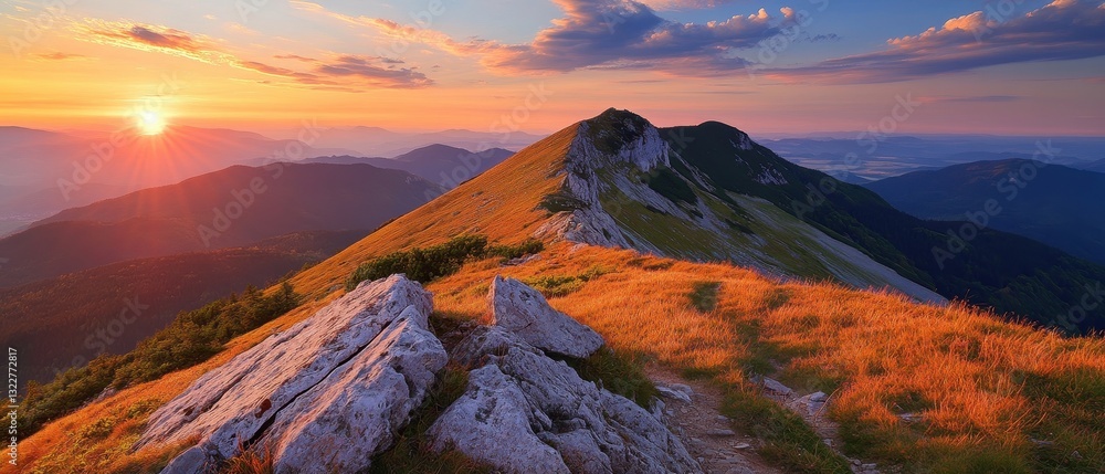 Obraz premium A breathtaking sunset over rolling hills and rocky terrain, showcasing nature's beauty.