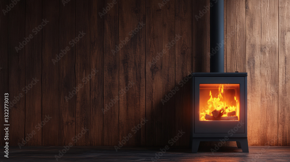 Fototapeta premium cozy woodstove with warm fire, set against rustic wooden wall, creates welcoming atmosphere. flickering flames illuminate space, enhancing inviting ambiance