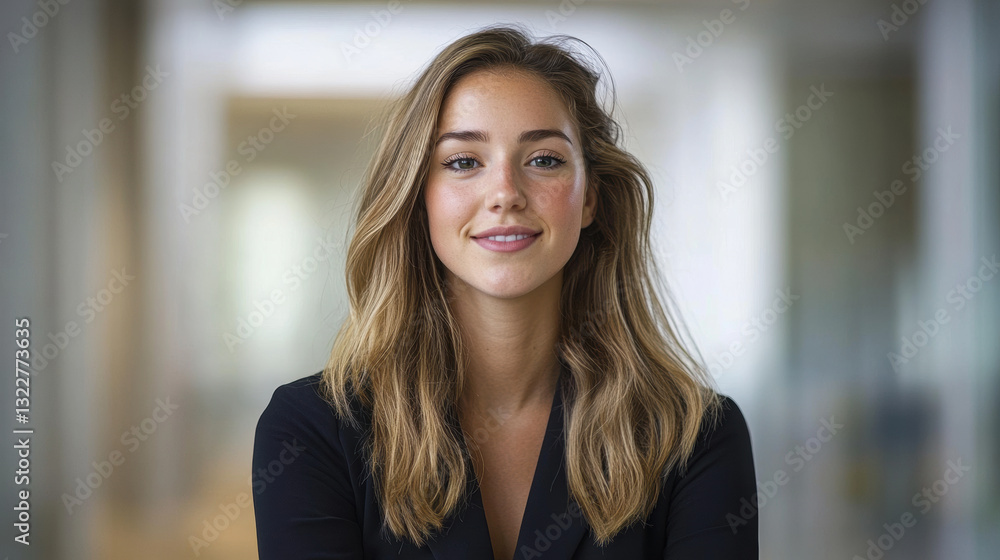 Confident young businesswoman smiling in modern office setting. Confident young businesswoman smiling in modern office setting.