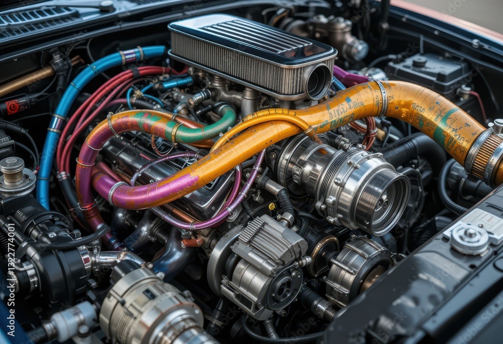 Colorful Engine Bay with Intercooler and Turbocharged Components Colorful Engine Bay with Intercooler and Turbocharged Components