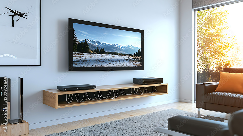 Fototapeta premium Modern Living Room with Wall-Mounted TV and Wooden Shelf