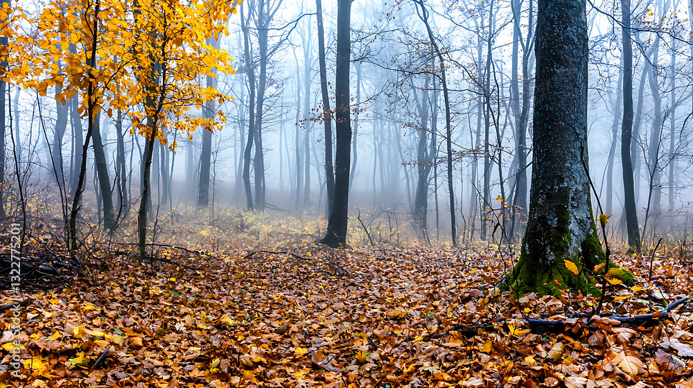 Fototapeta premium Misty Autumn Forest with Yellow Leaves