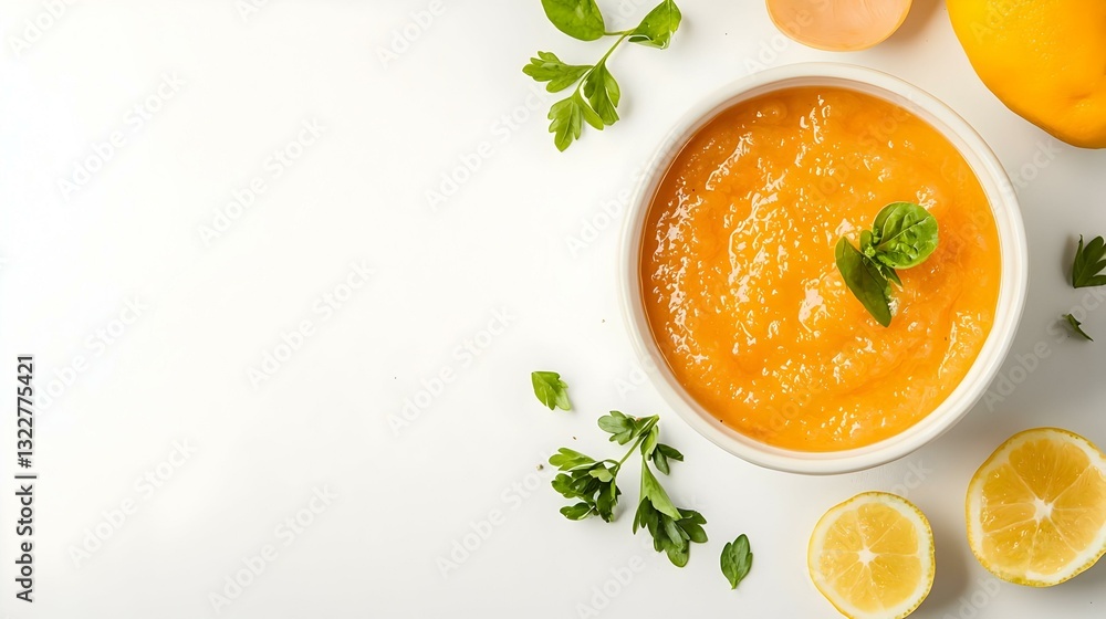 Flat lay composition with bowl of healthy baby Flat lay composition with bowl of healthy baby
