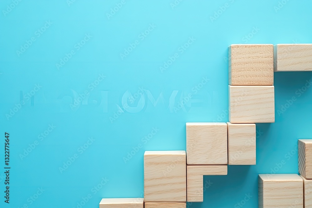 Light, light-brown wooden blocks arranged in a pattern on a light-blue surface Light, light-brown wooden blocks arranged in a pattern on a light-blue surface