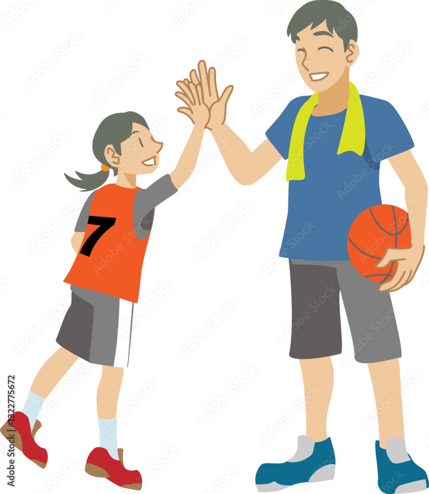 Naklejka premium バスケットボールの練習でハイタッチする親子