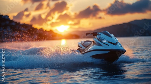 White jet ski speeding across the water at sunset. Golden hour light creates a stunning backdrop.