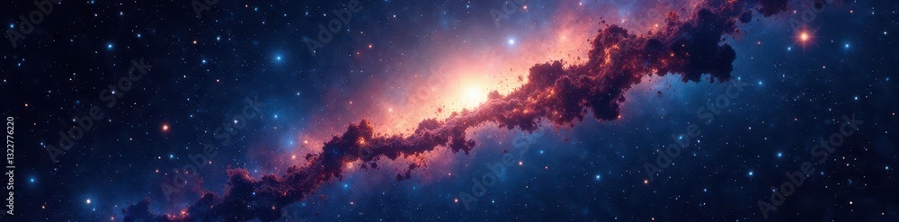 Fototapeta premium Distant galaxies, glittering star clusters across inky black , background, cosmic dust, bright