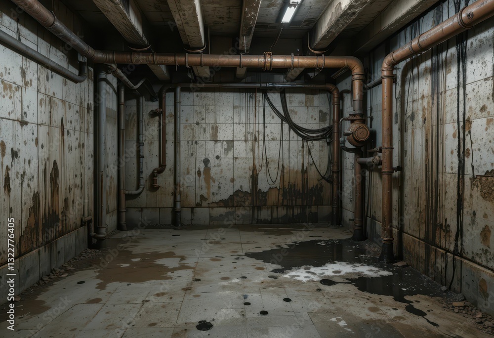 Abandoned Industrial Space with Pipes and Water Stains on Walls Abandoned Industrial Space with Pipes and Water Stains on Walls