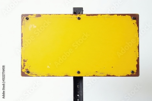 Distressed yellow sign, faded paint, black metal post, white backdrop , travel, old, country