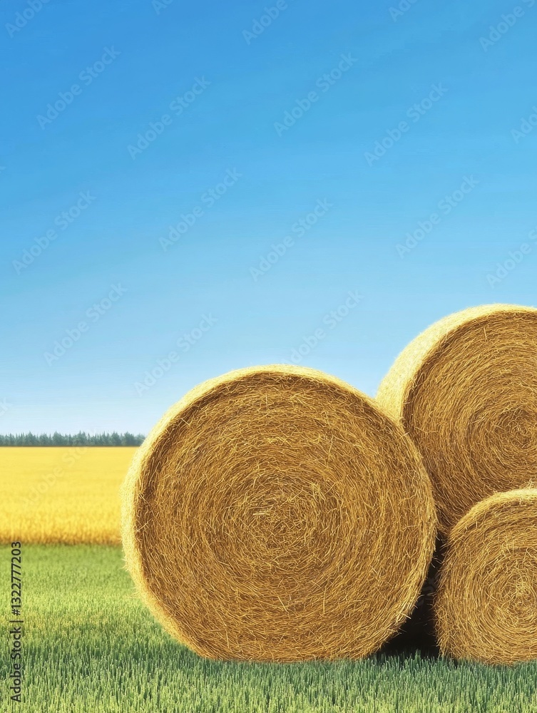 Summer Hay Bales in Golden Field - Serene summer landscape, hay bales symbolize harvest, abundance, rural life, tranquility, and nature's bounty Summer Hay Bales in Golden Field - Serene summer landscape, hay bales symbolize harvest, abundance, rural life, tranquility, and nature's bounty
