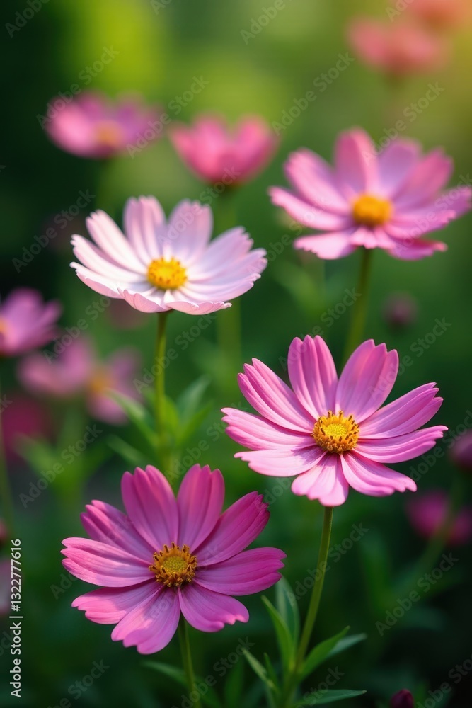 Cosmos flowers in full bloom, lush green garden setting , green, detail Cosmos flowers in full bloom, lush green garden setting , green, detail