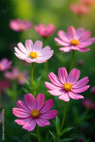 Cosmos flowers in full bloom, lush green garden setting , green, detail