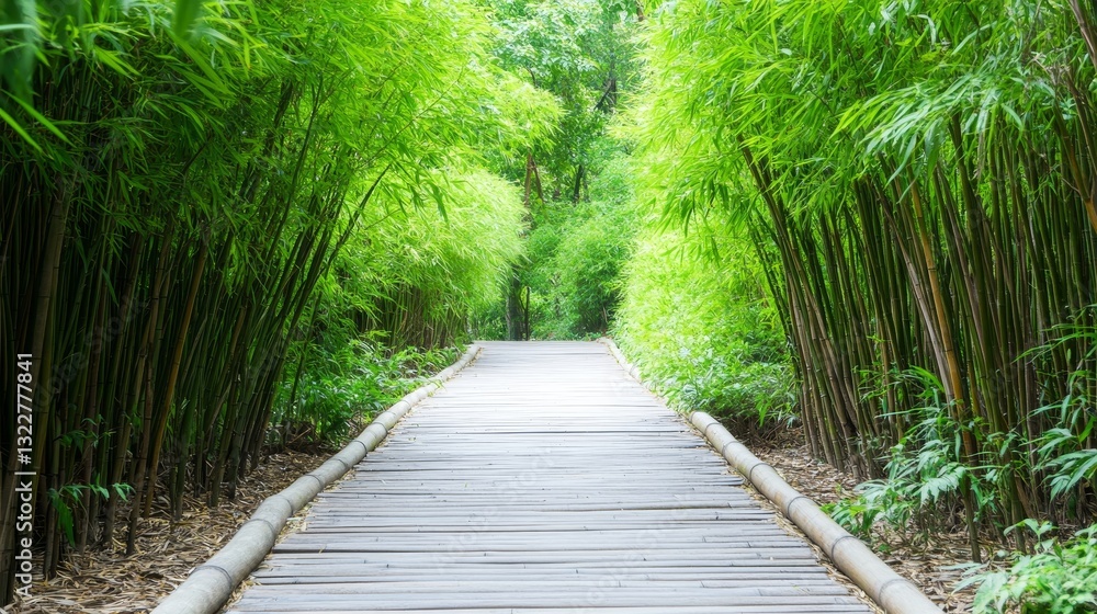 Obraz premium Tranquil Bamboo Path - Serene walkway through lush bamboo forest, ideal for meditation, peace, and nature themes