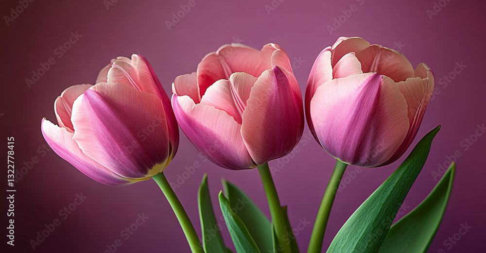Fototapeta premium A close-up of three delicate pink tulips in partial bloom, perfect for spring-themed designs, weddings, invitations, and botanical prints.