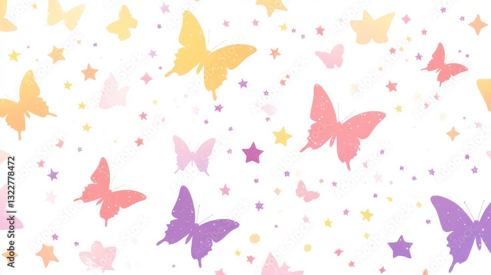 42.A stylish and vibrant seamless pattern with butterflies in gradient hues of pink, yellow, and purple, scattered across a clean, white background. The butterflies’ gentle flight is complemented by 42.A stylish and vibrant seamless pattern with butterflies in gradient hues of pink, yellow, and purple, scattered across a clean, white background. The butterflies’ gentle flight is complemented by