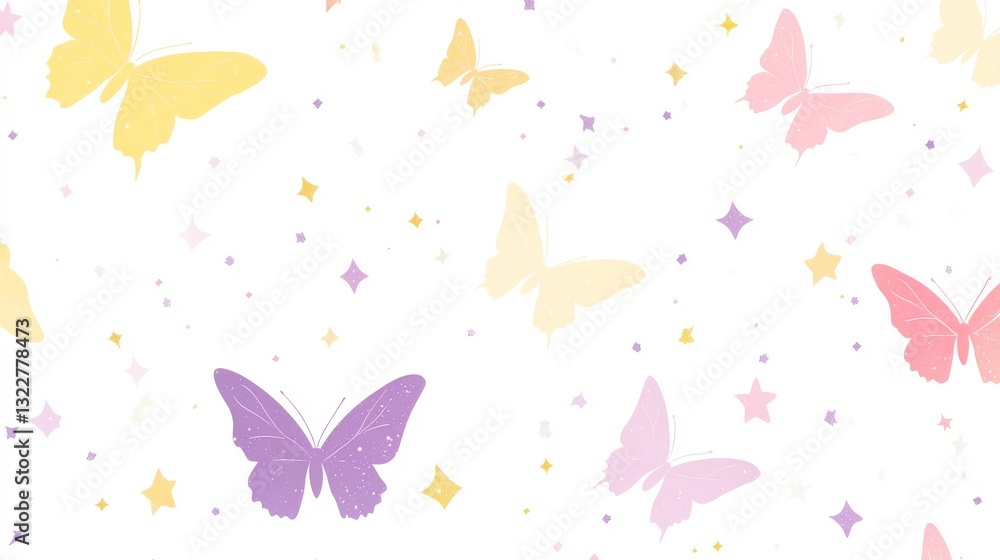 42.A stylish and vibrant seamless pattern with butterflies in gradient hues of pink, yellow, and purple, scattered across a clean, white background. The butterflies’ gentle flight is complemented by 42.A stylish and vibrant seamless pattern with butterflies in gradient hues of pink, yellow, and purple, scattered across a clean, white background. The butterflies’ gentle flight is complemented by