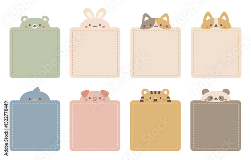 Set of cute animal square note cards in modern muted pastel colors.