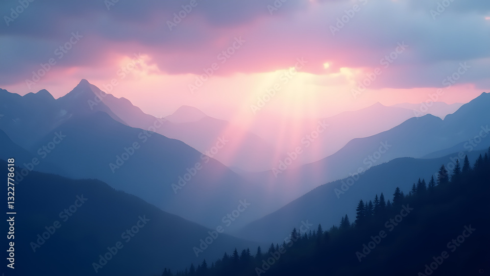 Fototapeta premium A stunning mountain landscape at dawn, with rays of light breaking through clouds, illuminating valleys and showcasing a gradient sky of blue, pink, and purple, evoking awe and inspiration.