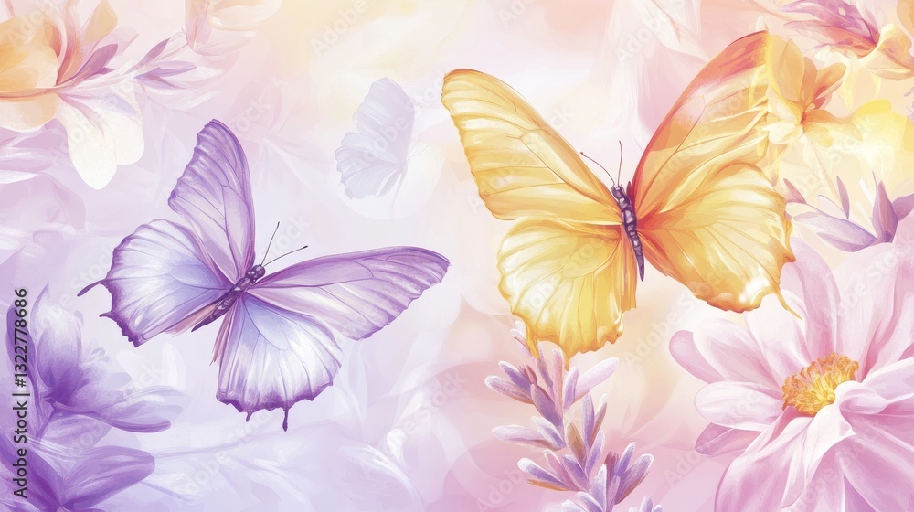 Obraz premium 45.A fresh and vibrant vector illustration showcasing cute butterflies hovering over delicate flowers. The floral design includes soft hues of pink, yellow, and lavender, with the butterflies adding