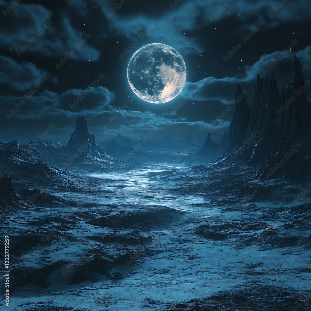 Fototapeta premium The luminous moon illuminates the night sky above the desolate landscape
