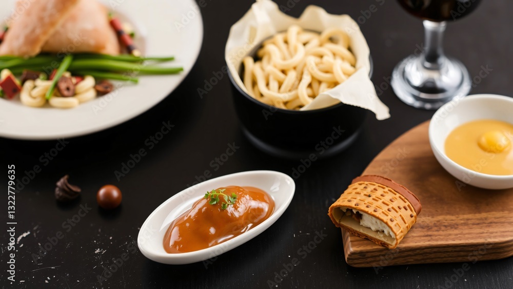 Gourmet Food Tasting Elegant Dish Presentation with Sauces and Pastries Gourmet Food Tasting Elegant Dish Presentation with Sauces and Pastries