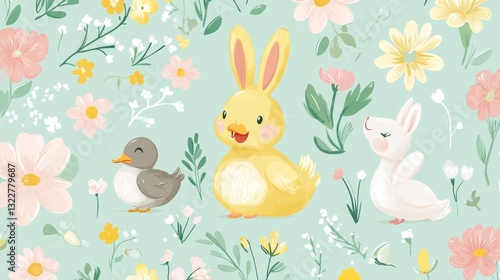 61.Cute Bunny and Duckling in Spring Bloomy Flourish Garden Vector Seamless Pattern