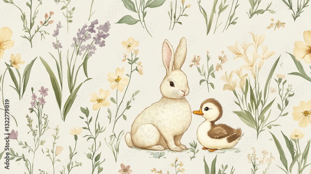64.A sweet and serene seamless pattern of a bunny and a duckling in a lush spring garden. Delicate flowers like violets, lilies, and wildflowers surround the animals in this hand-drawn, vintage-style 64.A sweet and serene seamless pattern of a bunny and a duckling in a lush spring garden. Delicate flowers like violets, lilies, and wildflowers surround the animals in this hand-drawn, vintage-style