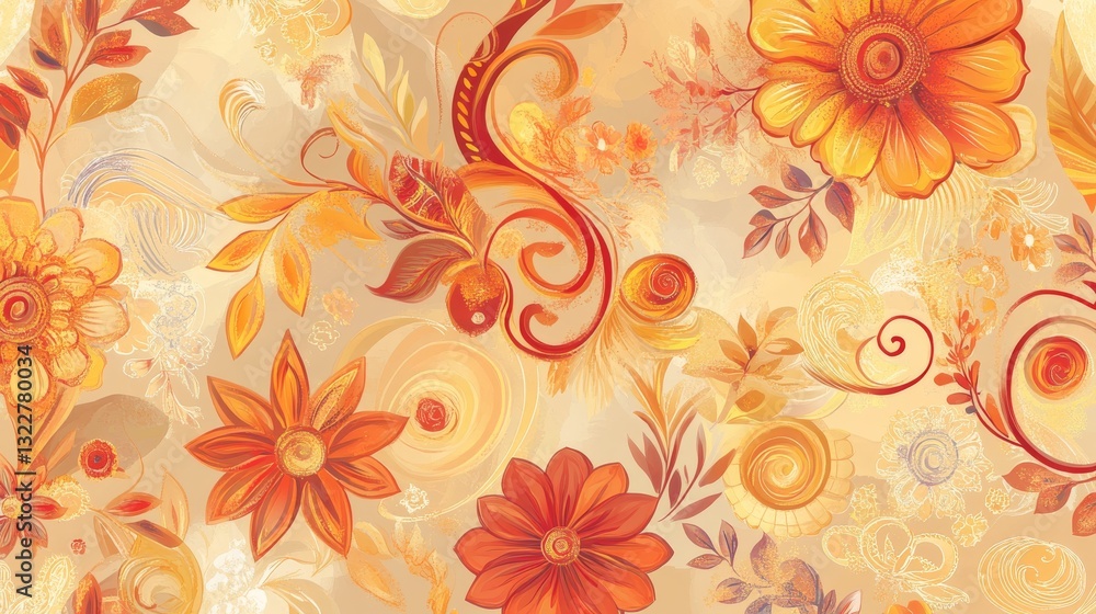 68.A rich, ethnic-inspired seamless pattern featuring intricate fantasy flowers, paisley motifs, and swirling curls. The design includes vibrant floral elements in warm tones like deep reds, oranges, 68.A rich, ethnic-inspired seamless pattern featuring intricate fantasy flowers, paisley motifs, and swirling curls. The design includes vibrant floral elements in warm tones like deep reds, oranges,