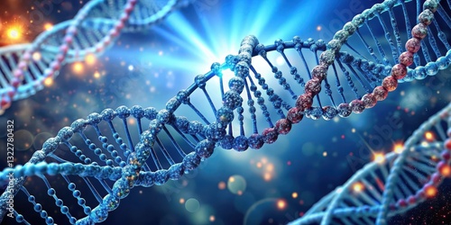 A double helix structure with DNA strands unwinding from a central axis, revealing nucleotides and base pairing information, genetic material, helicase photo