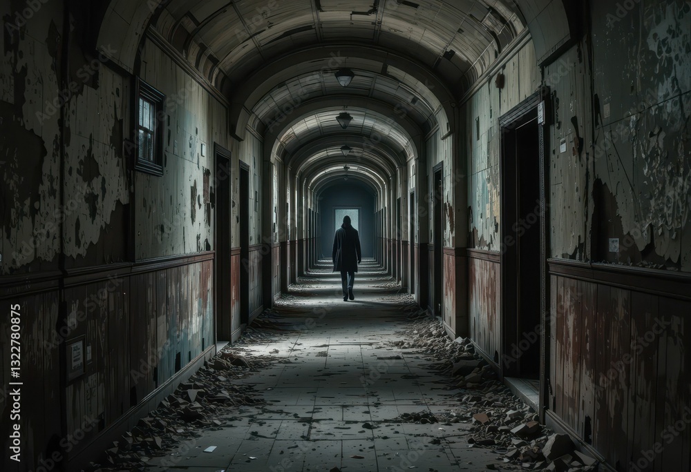 Eerie Abandoned Hallway with Figure Walking in Dim Light Eerie Abandoned Hallway with Figure Walking in Dim Light