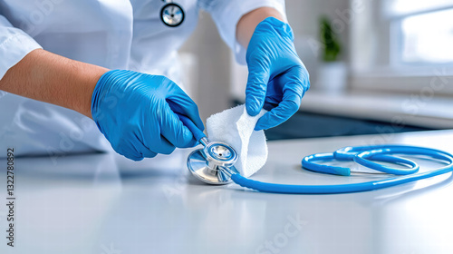 Healthcare worker cleaning stethoscope with disinfectant wipe, showcasing hygiene practices in medical environment