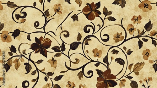 81.A vibrant seamless pattern featuring paisley designs and fantasy flowers arranged in a flowing, rotational pattern. The elegant mix of swirling vines and floral curls in earthy tones adds a