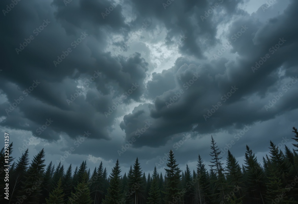 Dark Stormy Clouds Over Evergreen Trees in Dramatic Landscape Dark Stormy Clouds Over Evergreen Trees in Dramatic Landscape